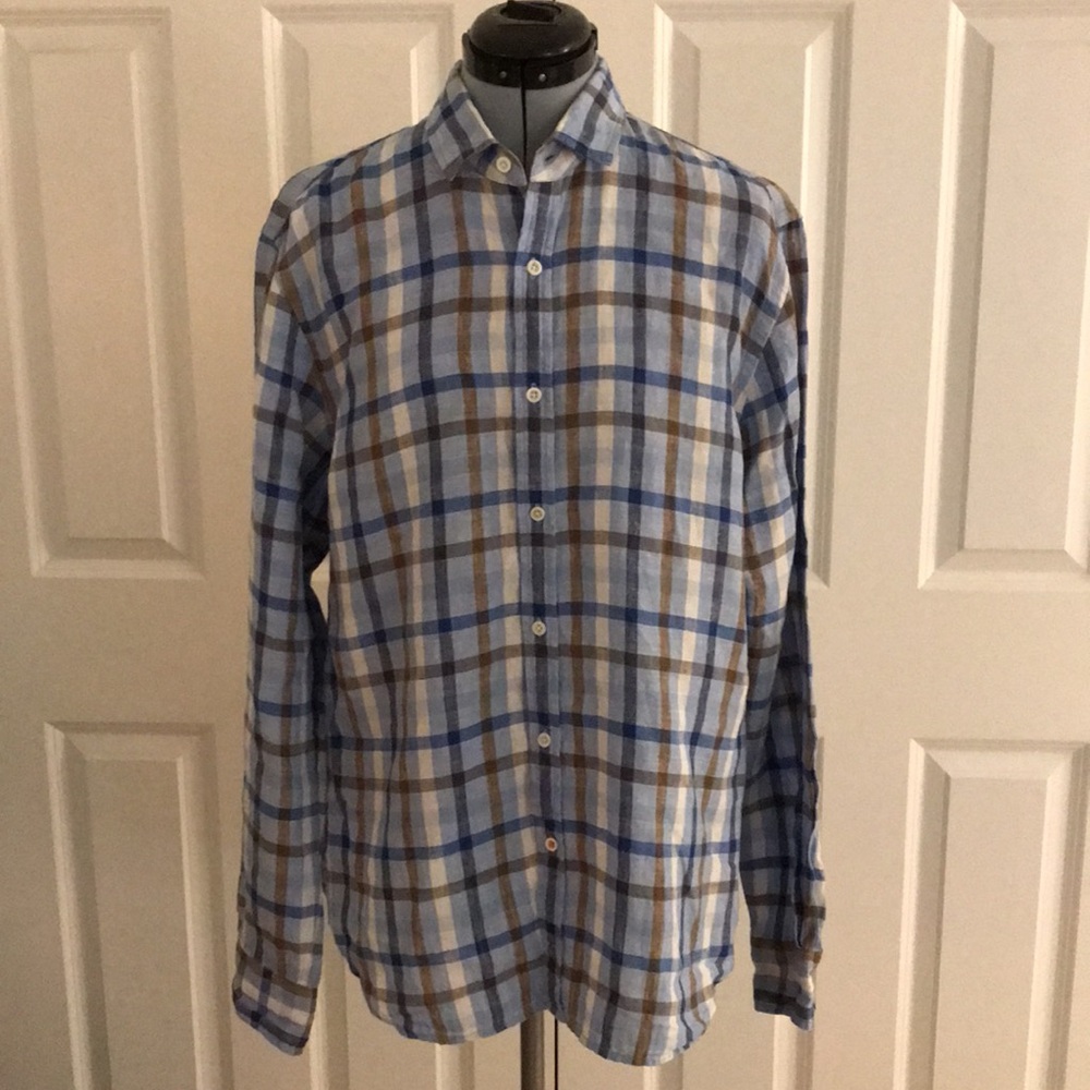 Toscano Aqua 100% Linen Blue White Brown Plaid Shirt Men’s Size L